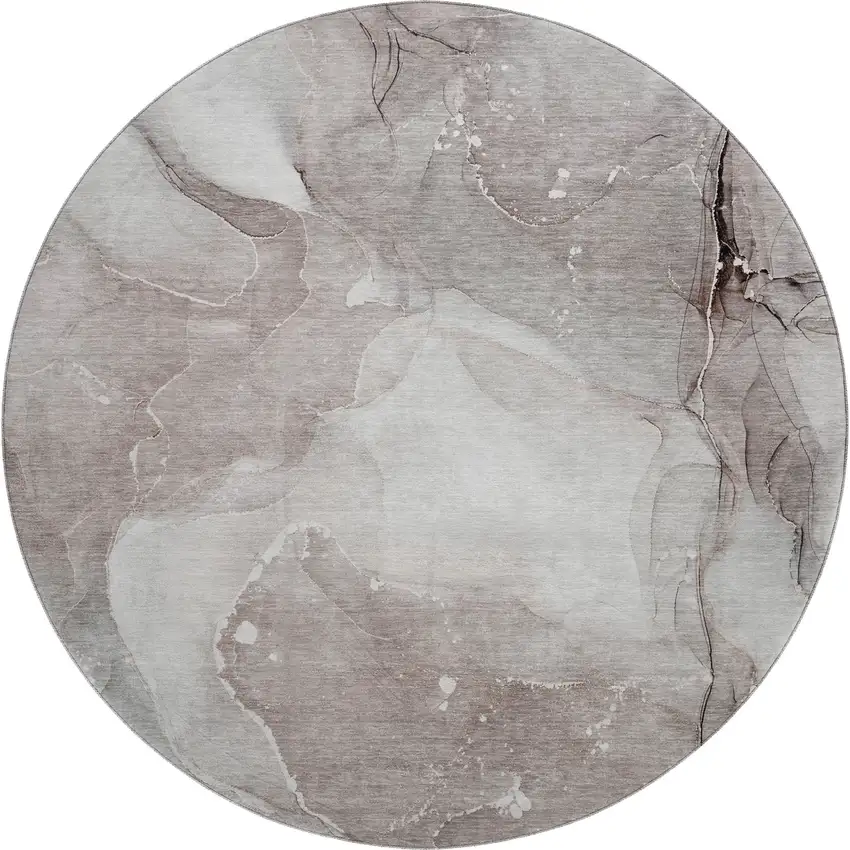 8' Taupe Ivory And Gray Abstract Washable Round Rug With UV Protection Photo 1
