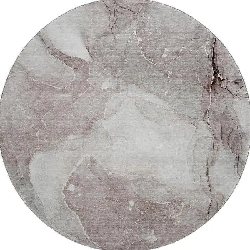 8' Taupe Ivory And Gray Abstract Washable Round Rug With UV Protection Photo 4