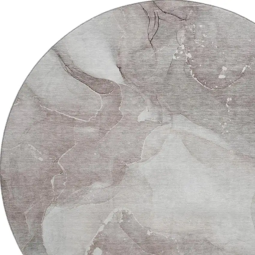 8' Taupe Ivory And Gray Abstract Washable Round Rug With UV Protection Photo 3