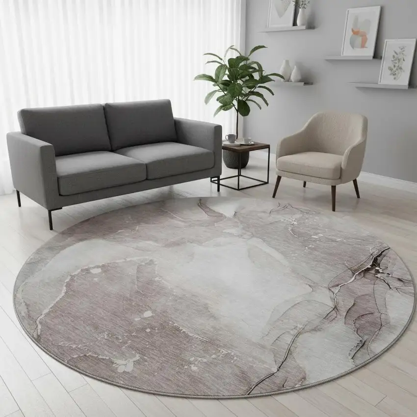 8' Taupe Ivory And Gray Abstract Washable Round Rug With UV Protection Photo 2