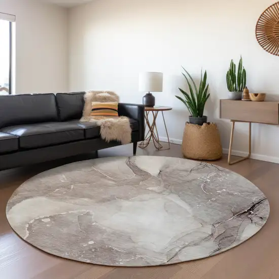 8' Taupe Ivory And Gray Abstract Washable Round Rug With UV Protection Photo 5