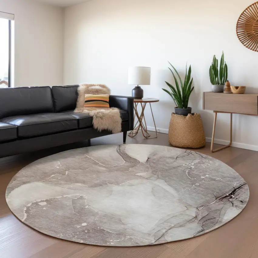 8' Taupe Ivory And Gray Abstract Washable Round Rug With UV Protection Photo 5