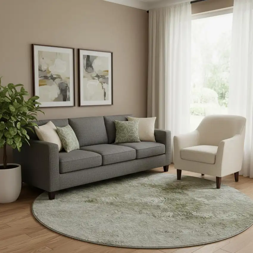 8' Taupe Ivory And Gray Abstract Washable Round Rug With UV Protection Photo 1