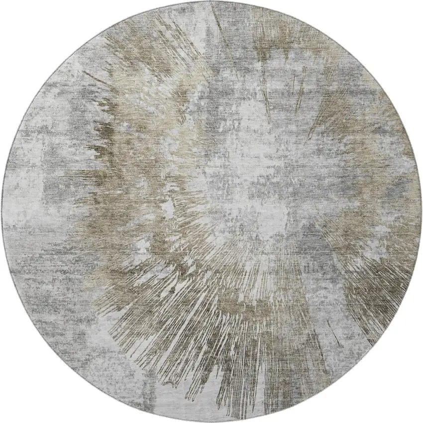 8' Taupe Ivory And Gray Abstract Washable Round Rug With UV Protection Photo 3