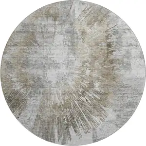 Photo of 8' Taupe Ivory And Gray Abstract Washable Round Rug With UV Protection