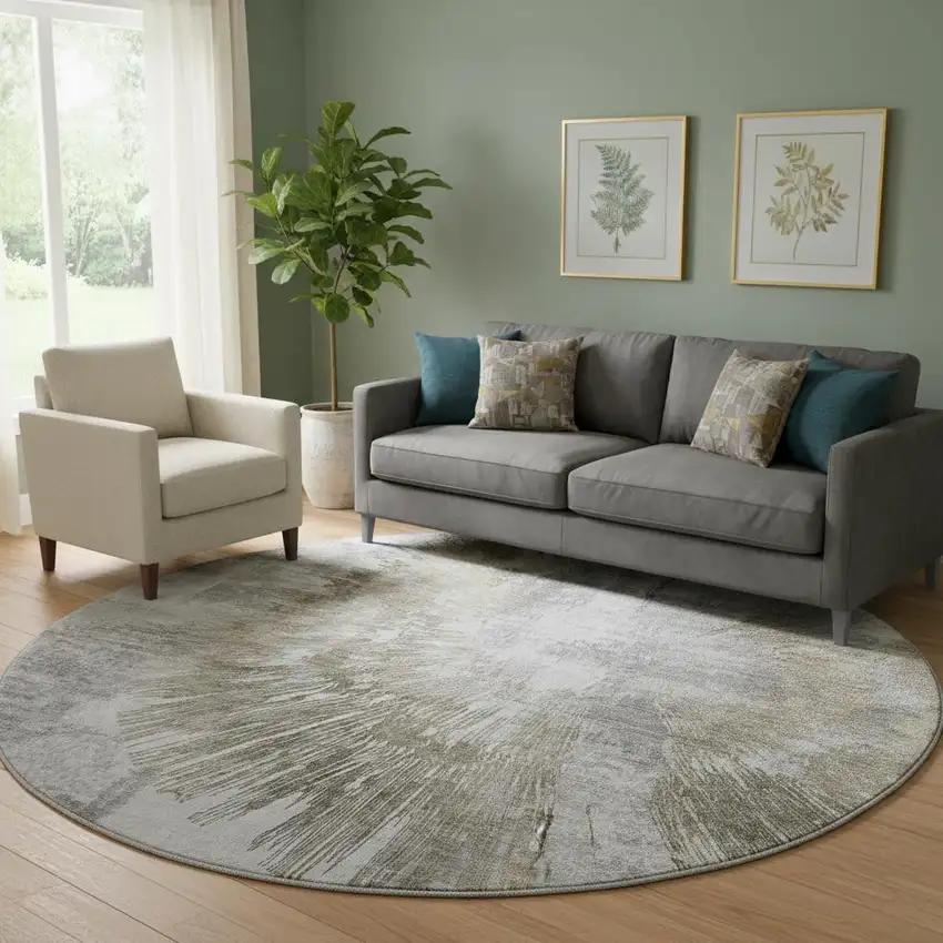 8' Taupe Ivory And Gray Abstract Washable Round Rug With UV Protection Photo 1