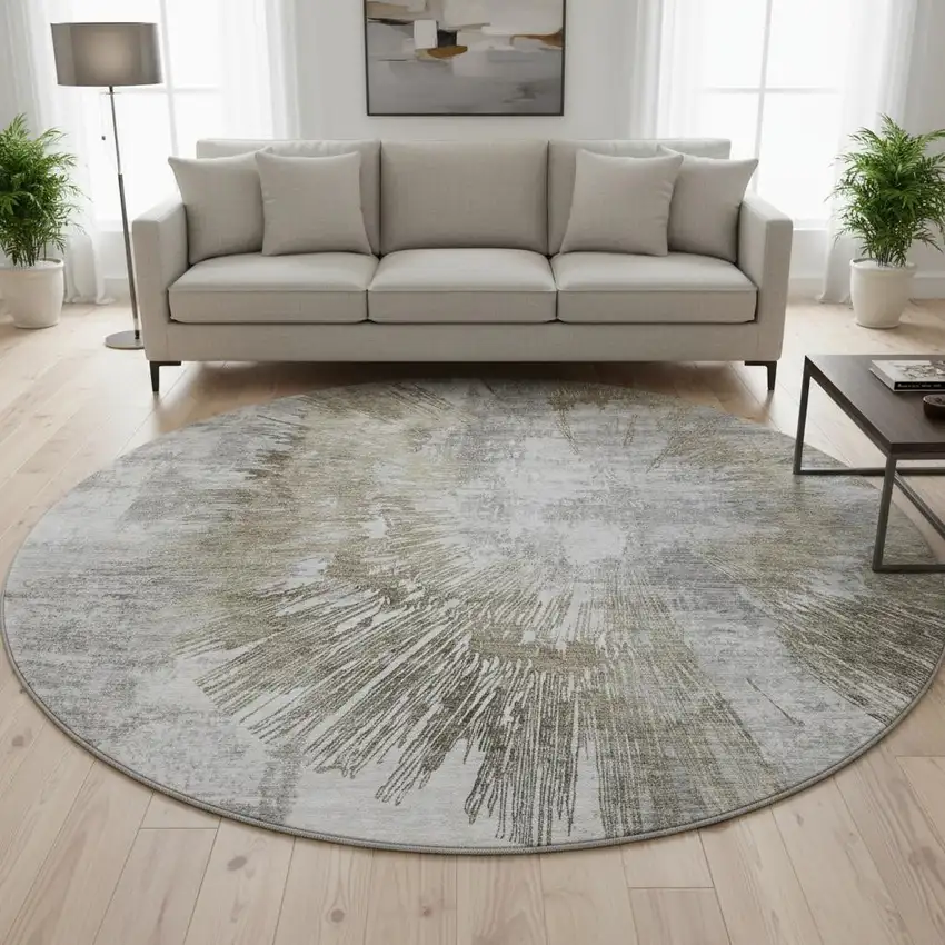 8' Taupe Ivory And Gray Abstract Washable Round Rug With UV Protection Photo 2