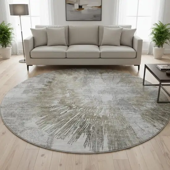 8' Taupe Ivory And Gray Abstract Washable Round Rug With UV Protection Photo 2