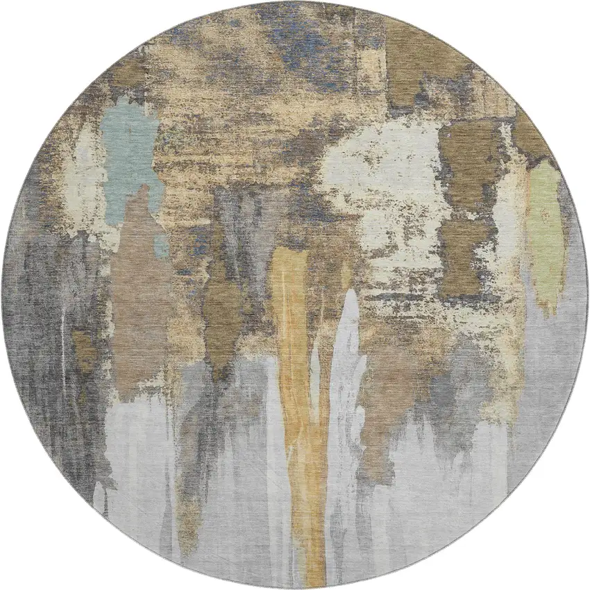 8' Taupe Ivory And Gray Abstract Washable Round Rug With UV Protection Photo 1