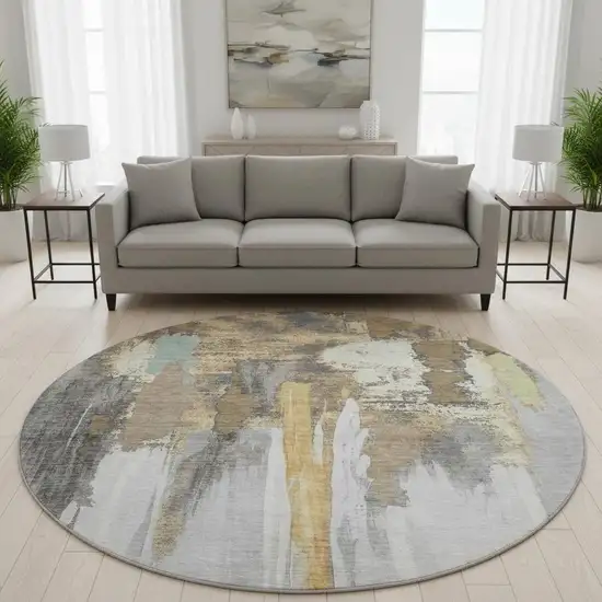 8' Taupe Ivory And Gray Abstract Washable Round Rug With UV Protection Photo 2