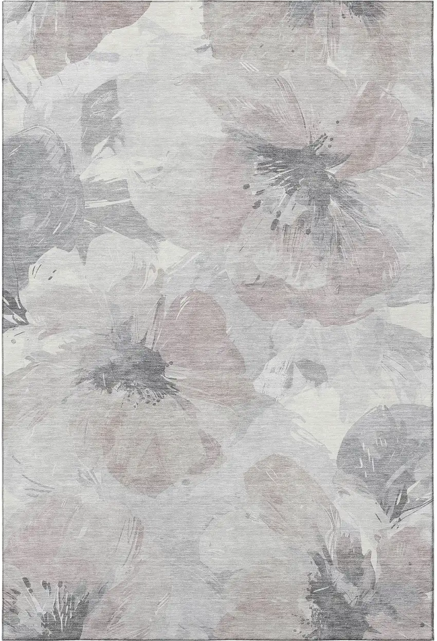 8' Taupe Ivory And Gray Floral Washable Area Rug With UV Protection Photo 3