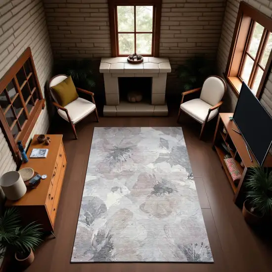 8' Taupe Ivory And Gray Floral Washable Area Rug With UV Protection Photo 4