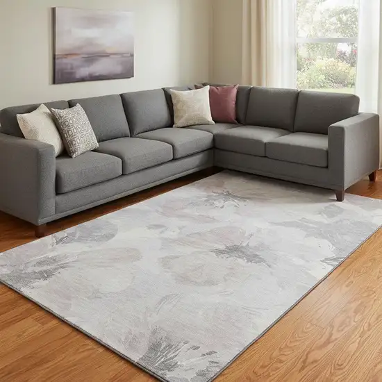 8' Taupe Ivory And Gray Floral Washable Area Rug With UV Protection Photo 2