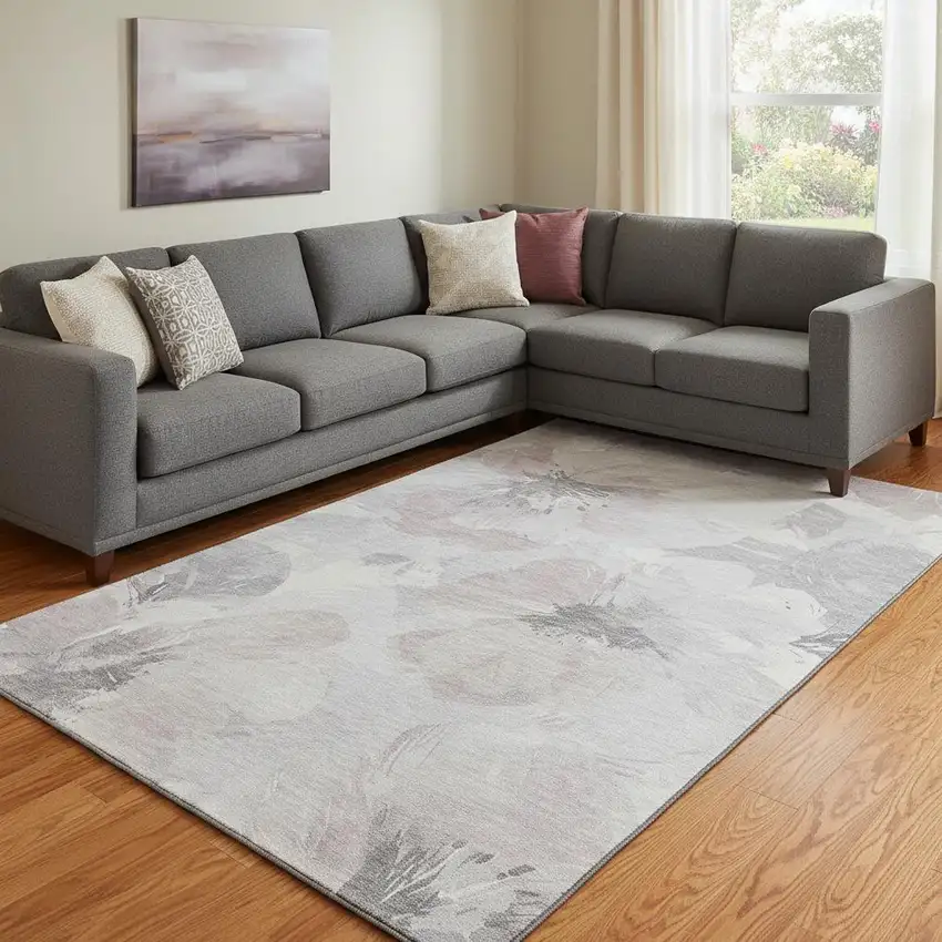 8' Taupe Ivory And Gray Floral Washable Area Rug With UV Protection Photo 2