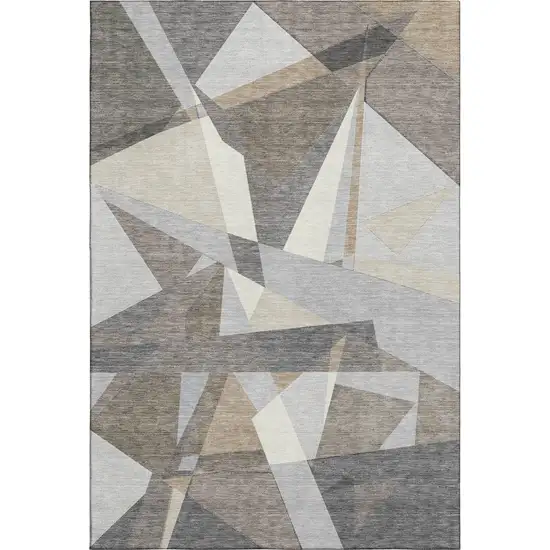 8' Taupe Ivory And Gray Geometric Washable Area Rug With UV Protection Photo 1