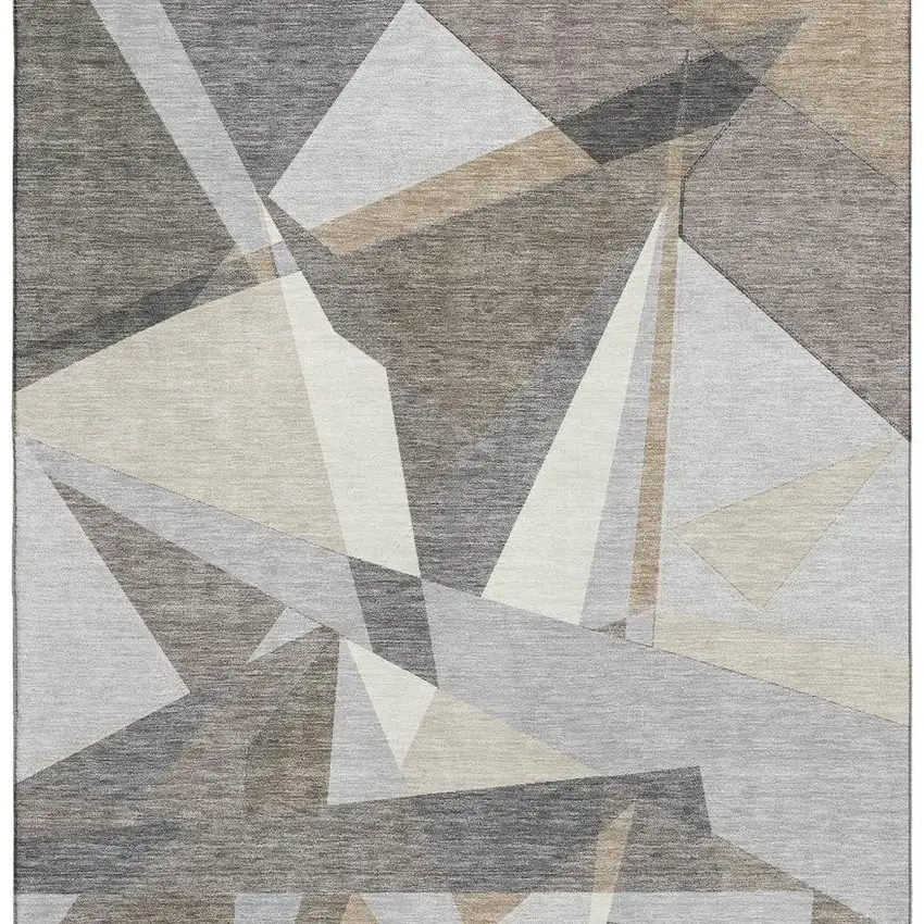 8' Taupe Ivory And Gray Geometric Washable Area Rug With UV Protection Photo 4