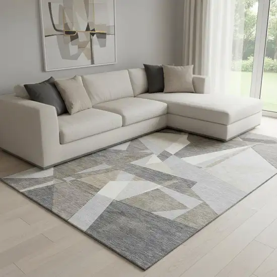 8' Taupe Ivory And Gray Geometric Washable Area Rug With UV Protection Photo 2
