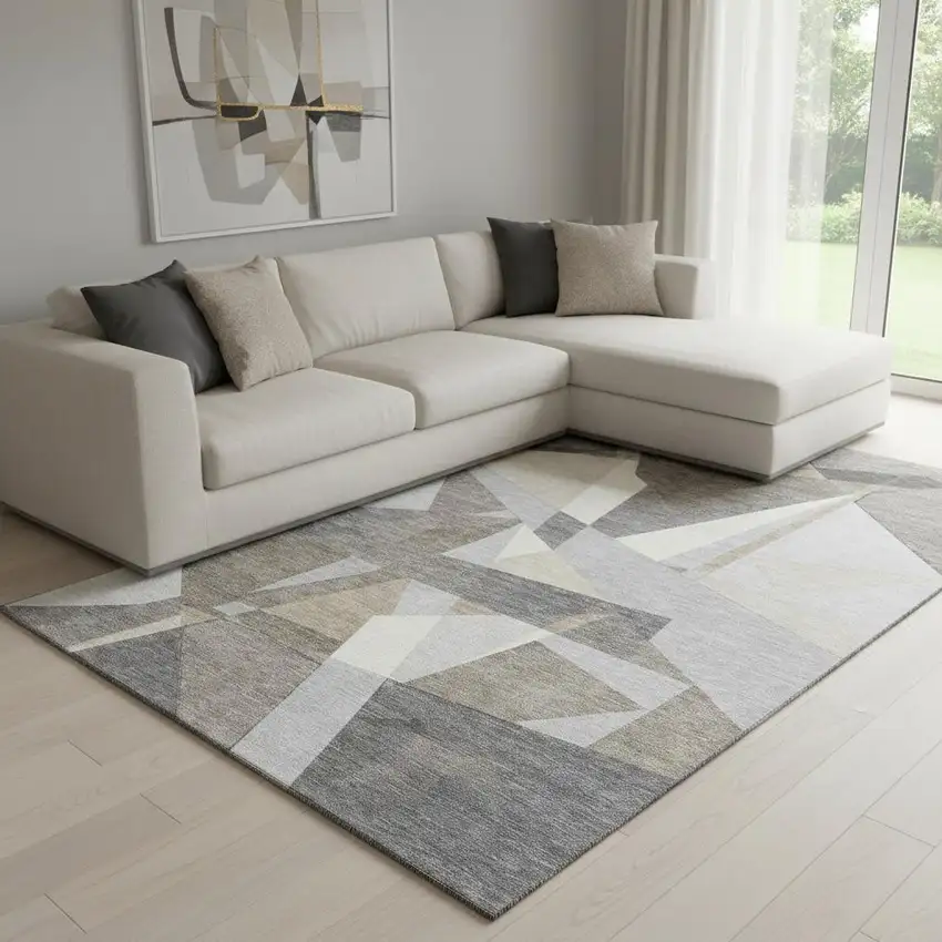 8' Taupe Ivory And Gray Geometric Washable Area Rug With UV Protection Photo 2