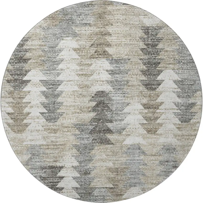 8' Taupe Ivory And Gray Geometric Washable Round Rug With UV Protection Photo 3
