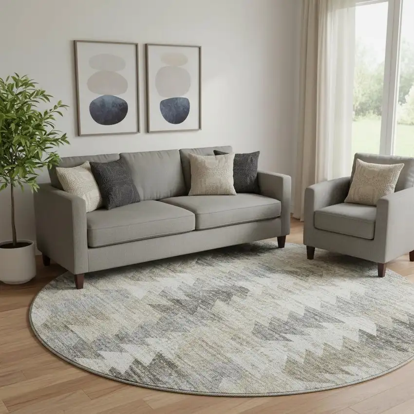 8' Taupe Ivory And Gray Geometric Washable Round Rug With UV Protection Photo 1