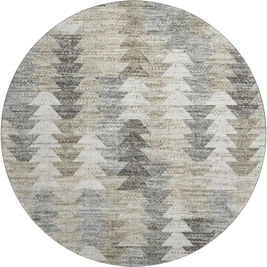 8' Taupe Ivory And Gray Geometric Washable Round Rug With UV Protection Photo 1
