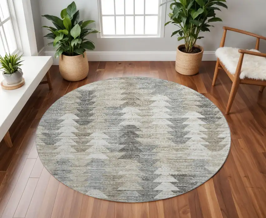 8' Taupe Ivory And Gray Geometric Washable Round Rug With UV Protection Photo 2