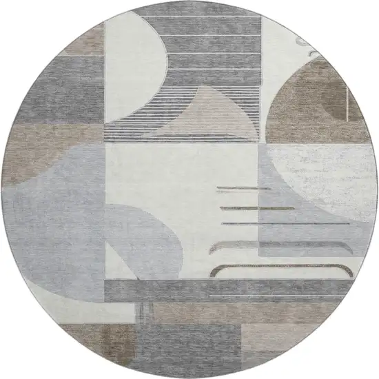 8' Taupe Ivory And Gray Geometric Washable Round Rug With UV Protection Photo 1