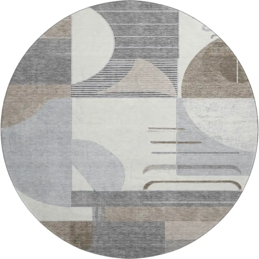8' Taupe Ivory And Gray Geometric Washable Round Rug With UV Protection Photo 1