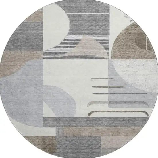 8' Taupe Ivory And Gray Geometric Washable Round Rug With UV Protection Photo 2