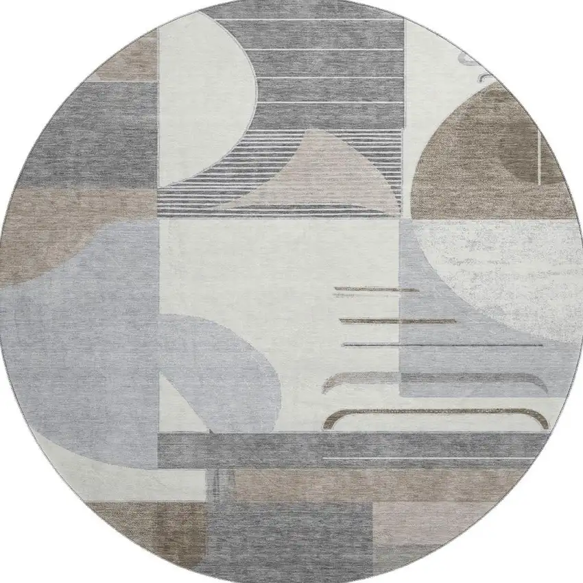 8' Taupe Ivory And Gray Geometric Washable Round Rug With UV Protection Photo 2