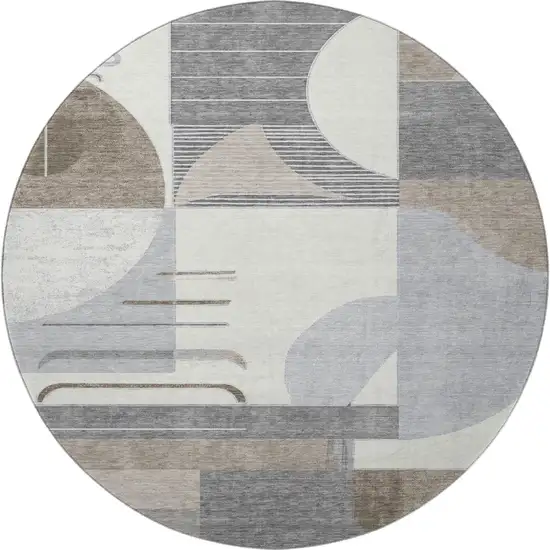 8' Taupe Ivory And Gray Geometric Washable Round Rug With UV Protection Photo 3