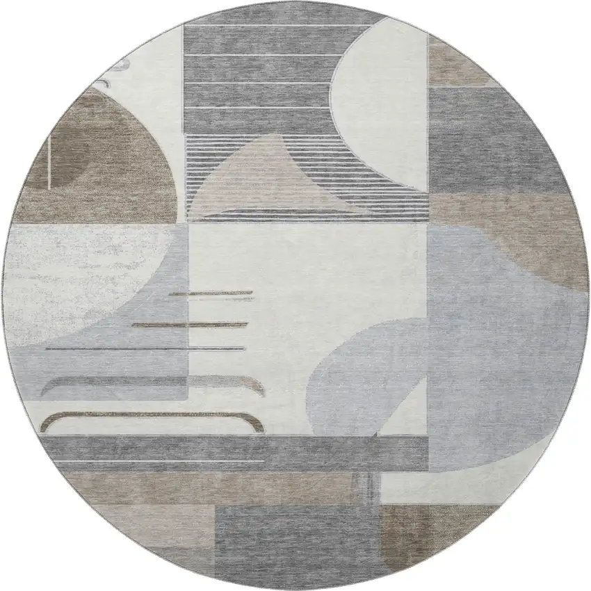 8' Taupe Ivory And Gray Geometric Washable Round Rug With UV Protection Photo 3