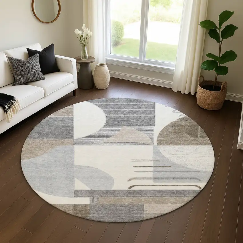 8' Taupe Ivory And Gray Geometric Washable Round Rug With UV Protection Photo 4