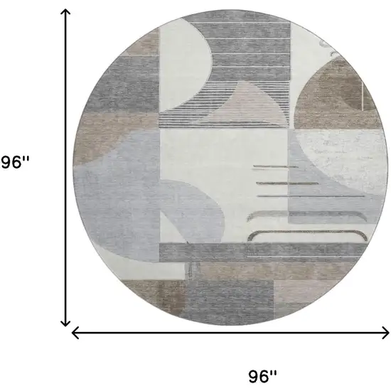 8' Taupe Ivory And Gray Geometric Washable Round Rug With UV Protection Photo 9
