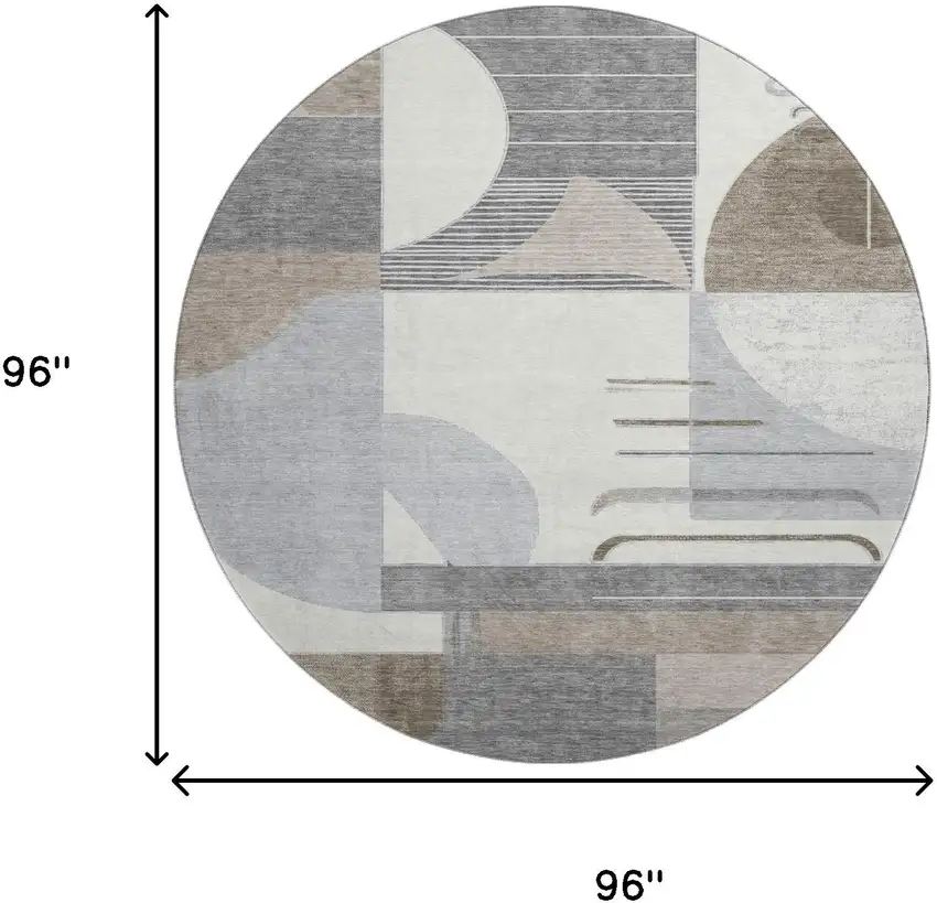 8' Taupe Ivory And Gray Geometric Washable Round Rug With UV Protection Photo 9