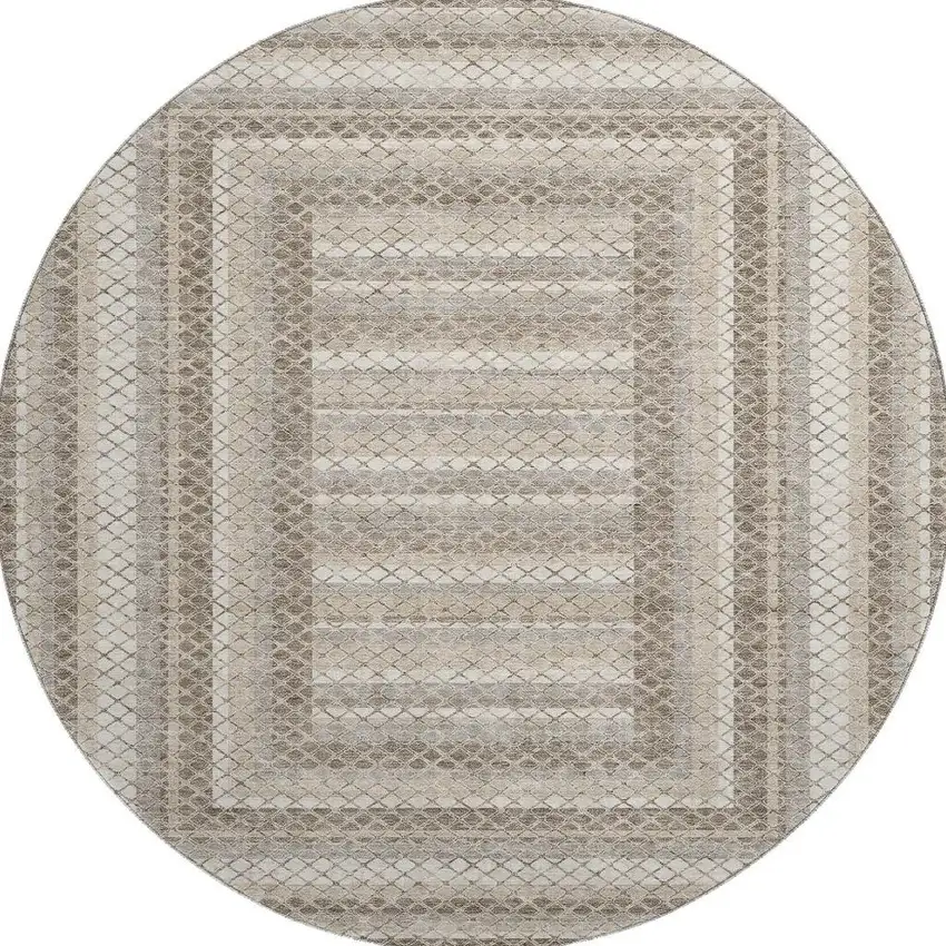 8' Taupe Ivory And Gray Geometric Washable Round Rug With UV Protection Photo 3