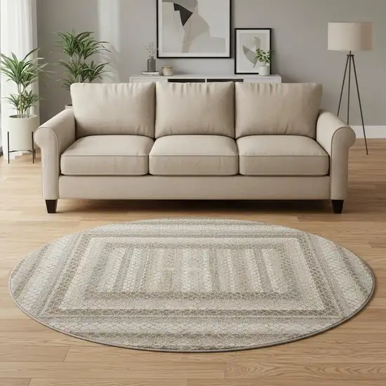 8' Taupe Ivory And Gray Geometric Washable Round Rug With UV Protection Photo 2