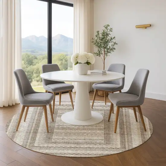 8' Taupe Ivory And Gray Geometric Washable Round Rug With UV Protection Photo 5