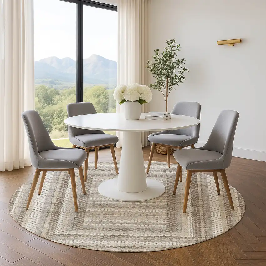 8' Taupe Ivory And Gray Geometric Washable Round Rug With UV Protection Photo 5