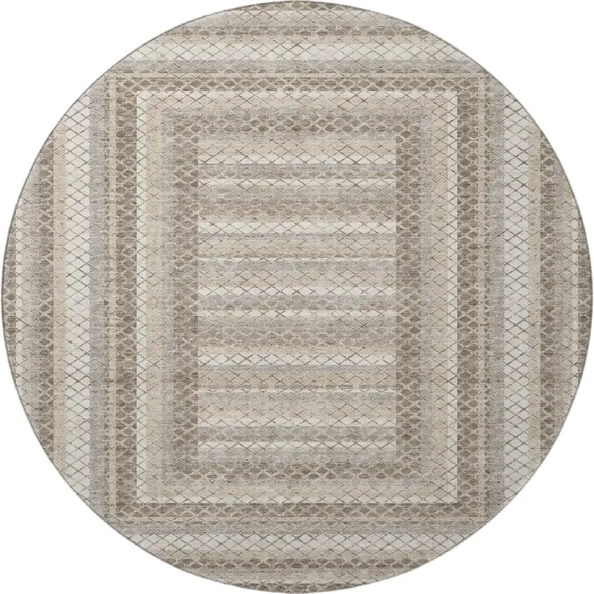 8' Taupe Ivory And Gray Geometric Washable Round Rug With UV Protection Photo 4