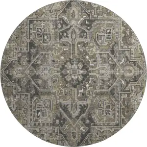 Photo of 8' Taupe Ivory And Gray Oriental Washable Round Rug With UV Protection