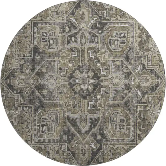 8' Taupe Ivory And Gray Oriental Washable Round Rug With UV Protection Photo 1