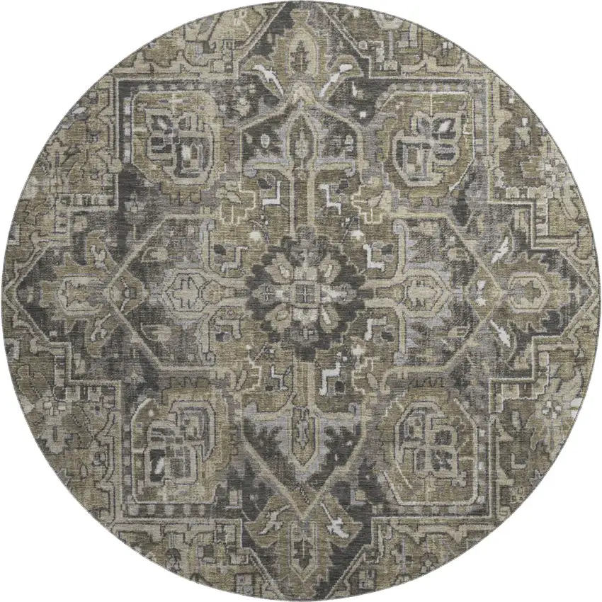 8' Taupe Ivory And Gray Oriental Washable Round Rug With UV Protection Photo 1