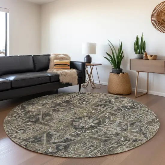 8' Taupe Ivory And Gray Oriental Washable Round Rug With UV Protection Photo 4