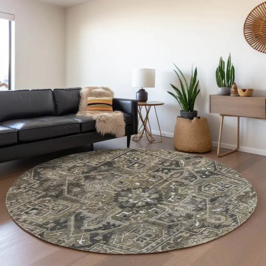 8' Taupe Ivory And Gray Oriental Washable Round Rug With UV Protection Photo 4