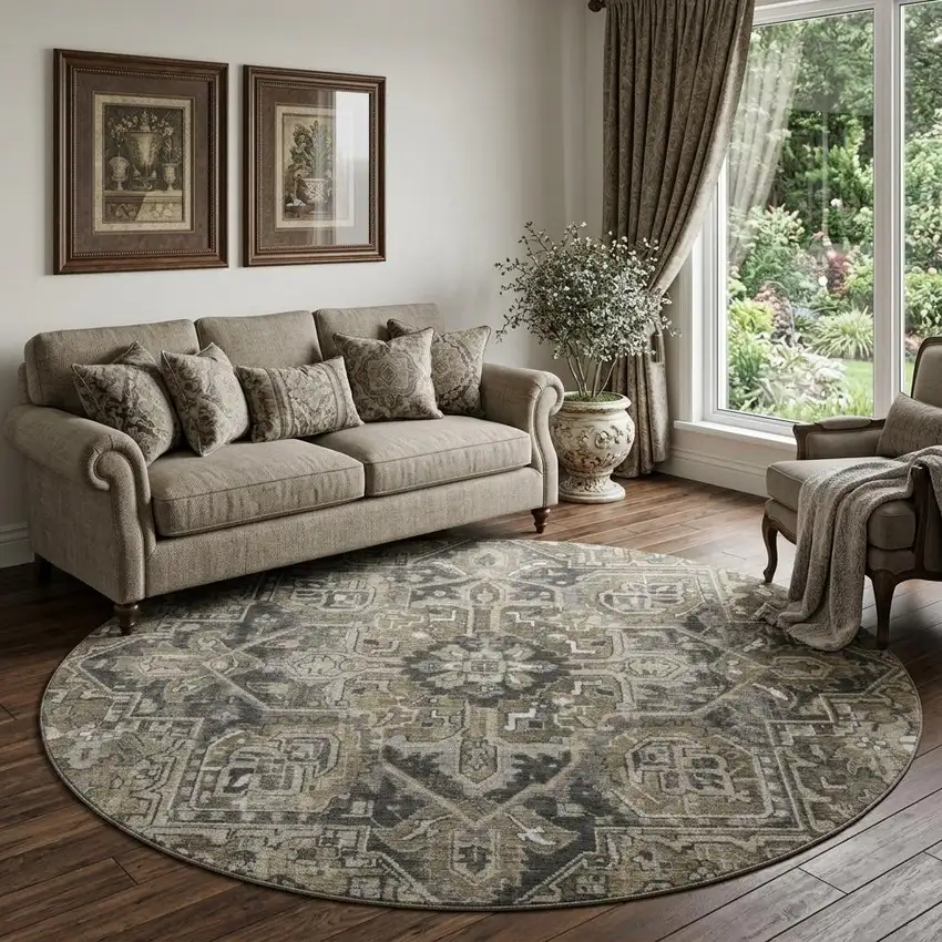 8' Taupe Ivory And Gray Oriental Washable Round Rug With UV Protection Photo 1