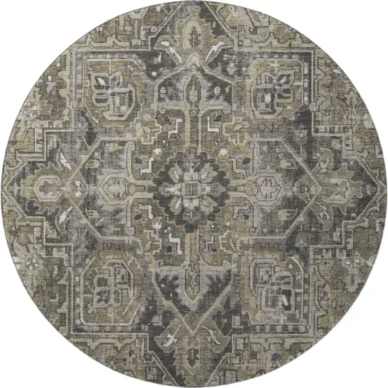 8' Taupe Ivory And Gray Oriental Washable Round Rug With UV Protection Photo 3