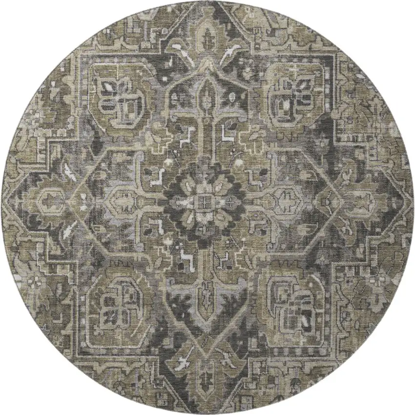 8' Taupe Ivory And Gray Oriental Washable Round Rug With UV Protection Photo 3