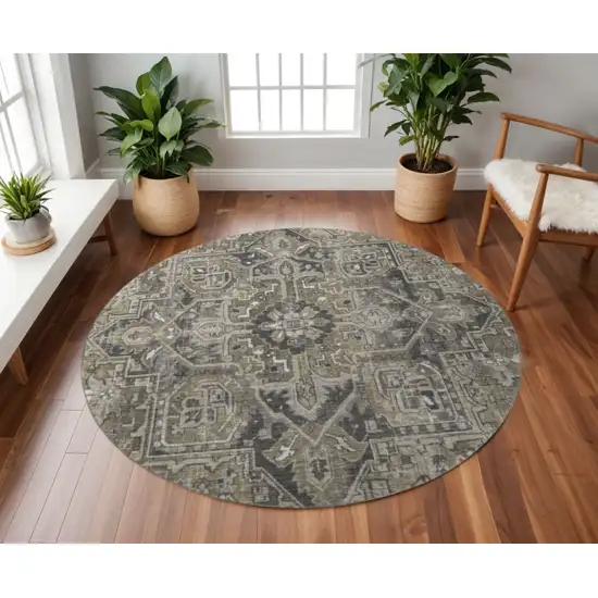 8' Taupe Ivory And Gray Oriental Washable Round Rug With UV Protection Photo 2