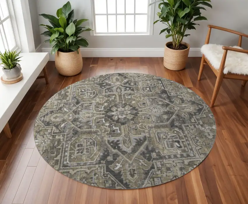 8' Taupe Ivory And Gray Oriental Washable Round Rug With UV Protection Photo 2
